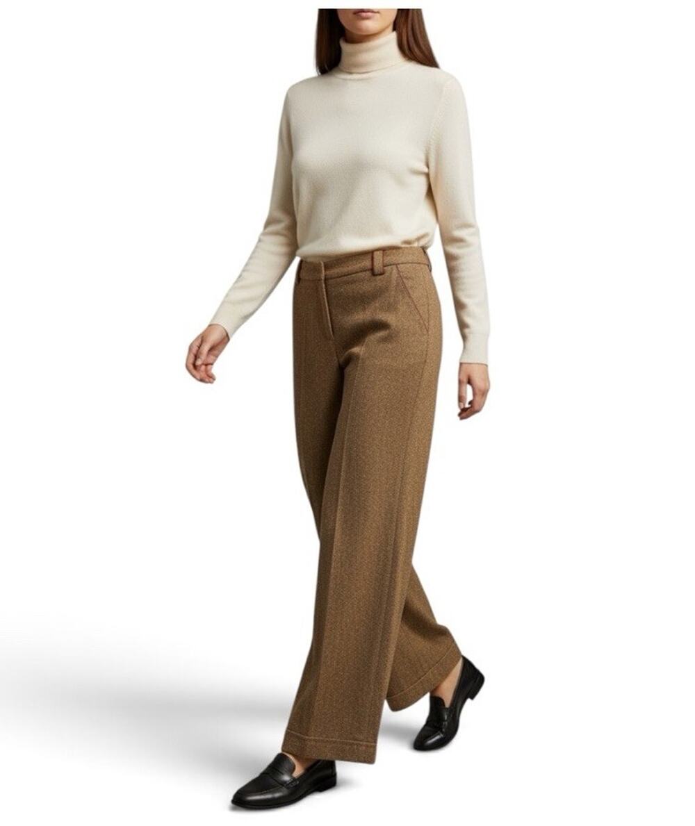 Eddie Bauer Trousers Womens Size 10 Brown Wool Blend Tweed Wide Leg Velvet Trim